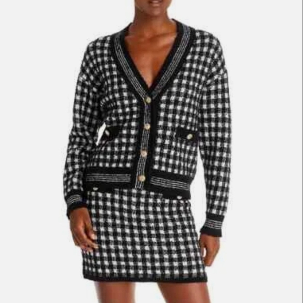 Aqua - Black and White Checkered Cardigan and Skirt Set -L